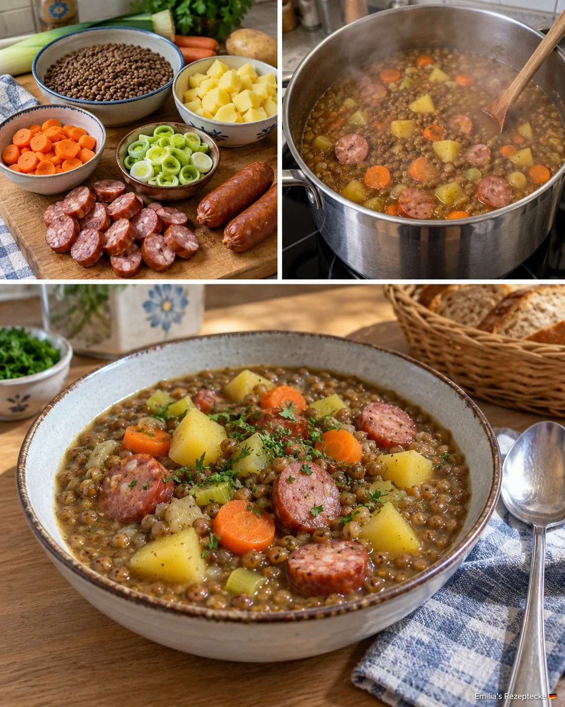 Linseneintopf mit Kartoffeln und Mettenden, serviert in einer Schüssel.