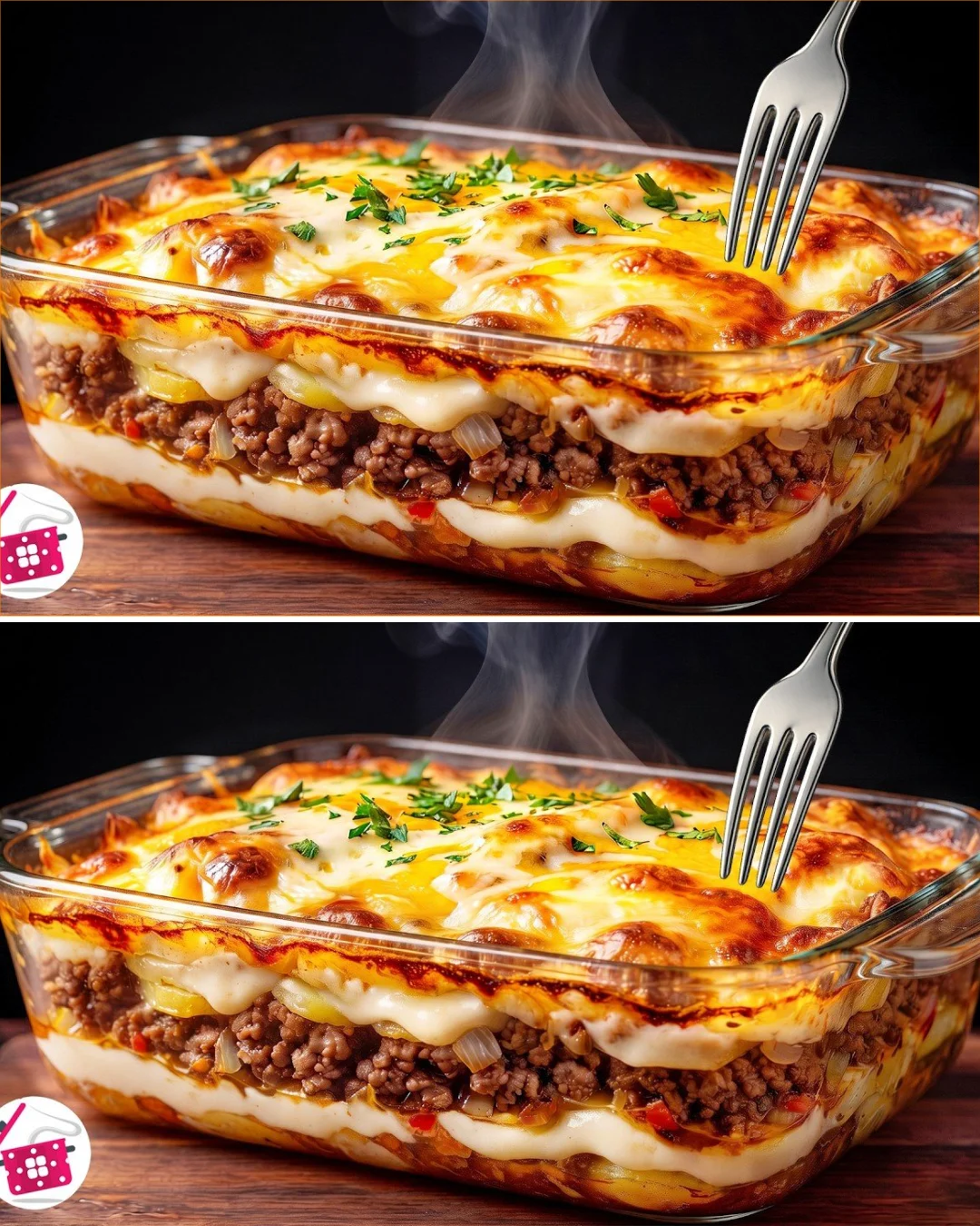 KARTOFFEL- & HACKFLEISCH-Rezept auf einem Teller, serviert mit Kräutern.