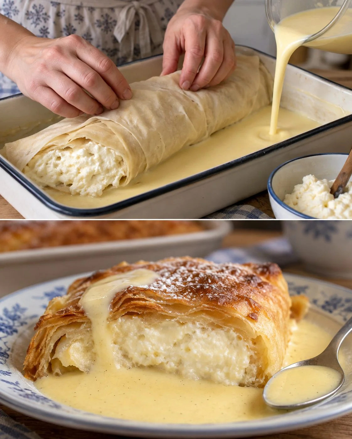 Ein Stück Millirahmstrudel serviert mit cremiger Vanillesauce