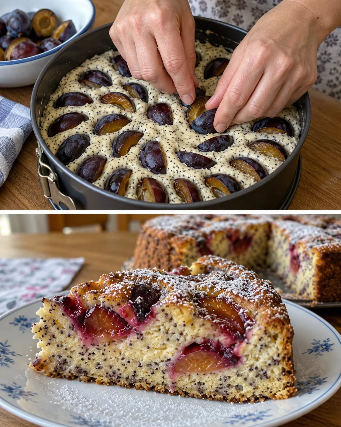 Mohn-Topfenkuchen mit Zwetschken, frisch gebacken und dekorativ angerichtet.