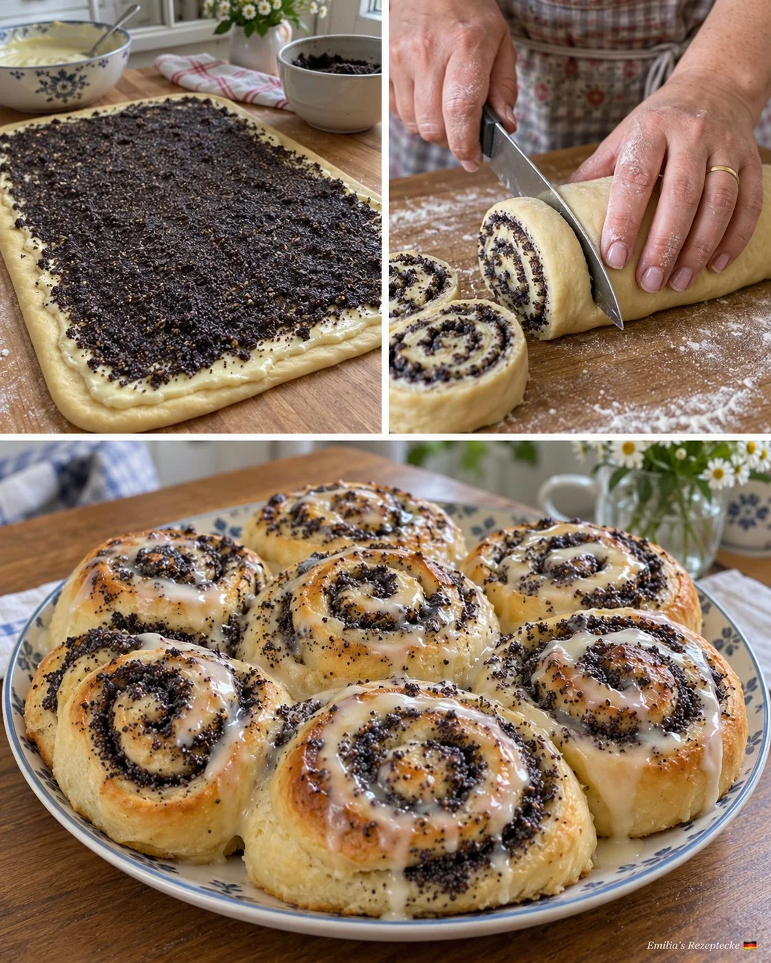 Mohnschnecken mit Vanillecreme auf einem Teller serviert