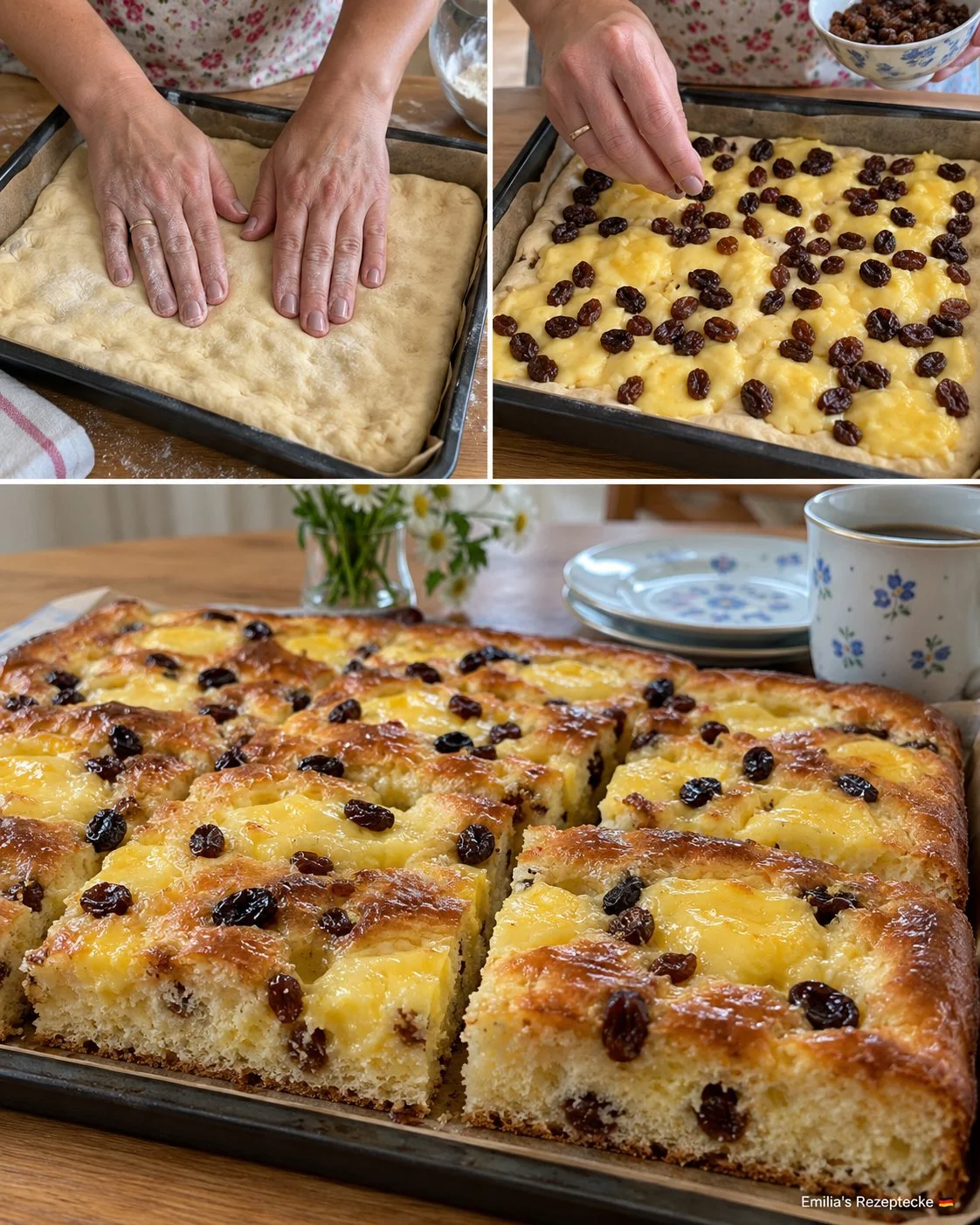 Fluffiger Pudding-Hefekuchen mit Rosinen auf einem Teller