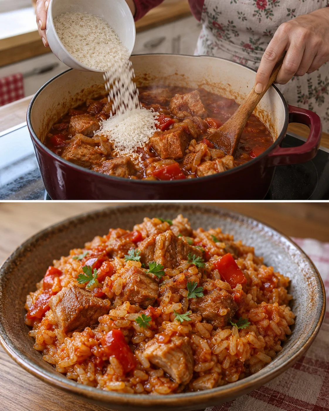Schüssel mit Reisfleisch und bunten Paprika-Stücken