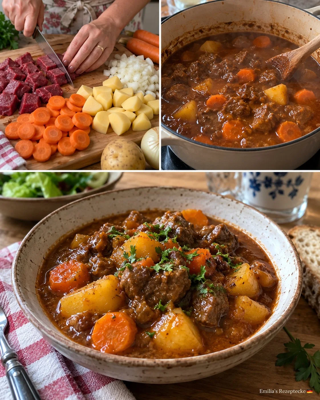 Rindergulasch mit Möhren und Kartoffeln in einem geschmackvollen Topf