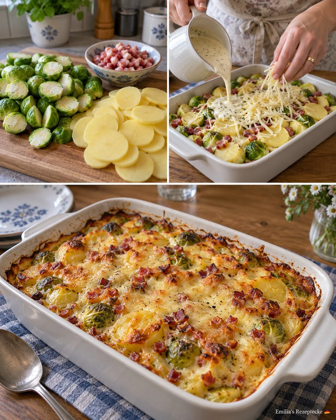 Rosenkohl-Kartoffel-Gratin mit Speck, frisch aus dem Ofen serviert