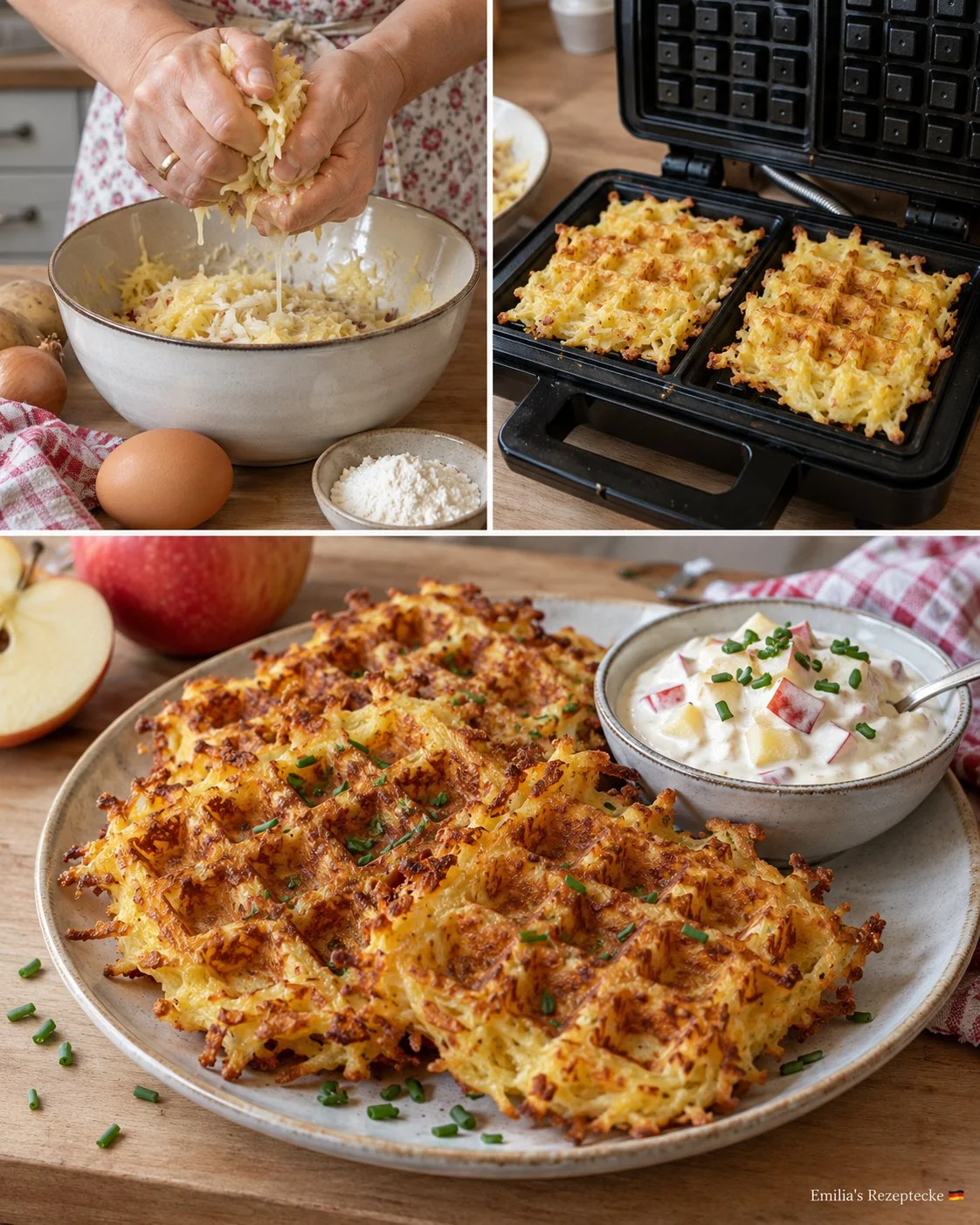 Rösti-Waffeln mit Apfel-Schmand auf einem Teller serviert.