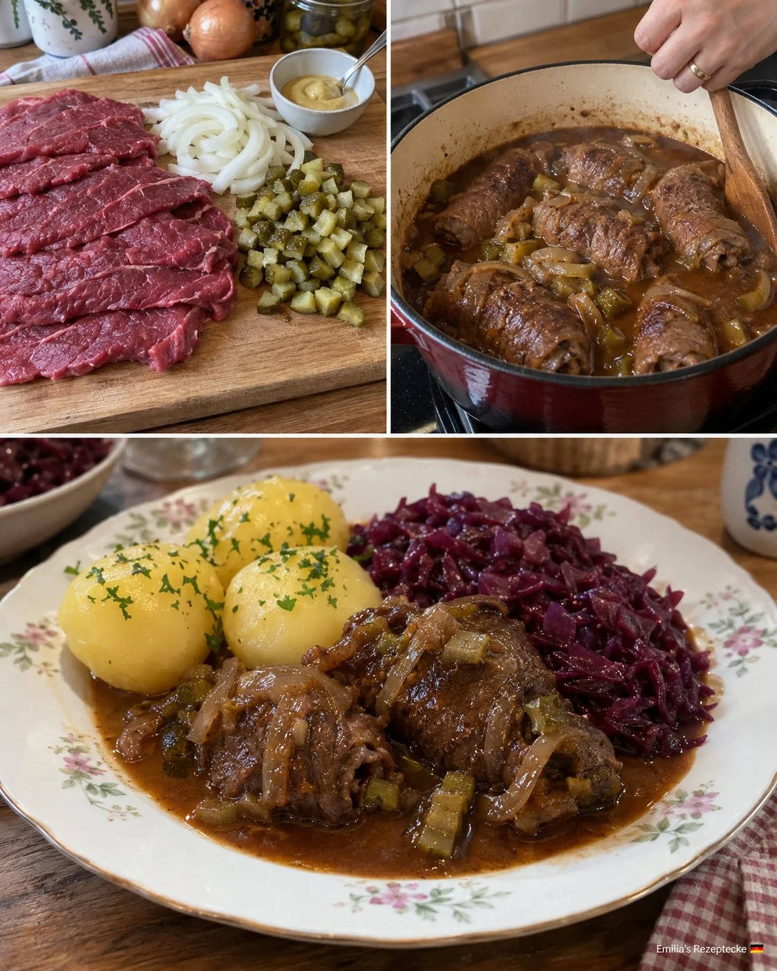 Rouladen-Topf mit Rotkohl und Kartoffeln auf einem Teller serviert
