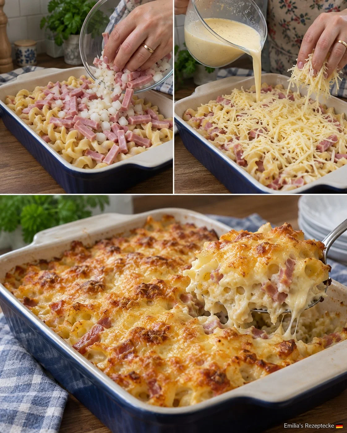 Schinken-Nudel-Auflauf mit Käsekruste frisch aus dem Ofen serviert.