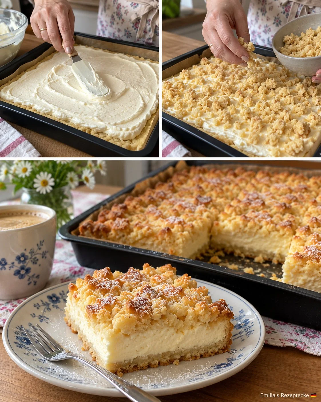 Gestapelter schlesischer Quark-Streuselkuchen mit Streuseln und Quarkfüllung