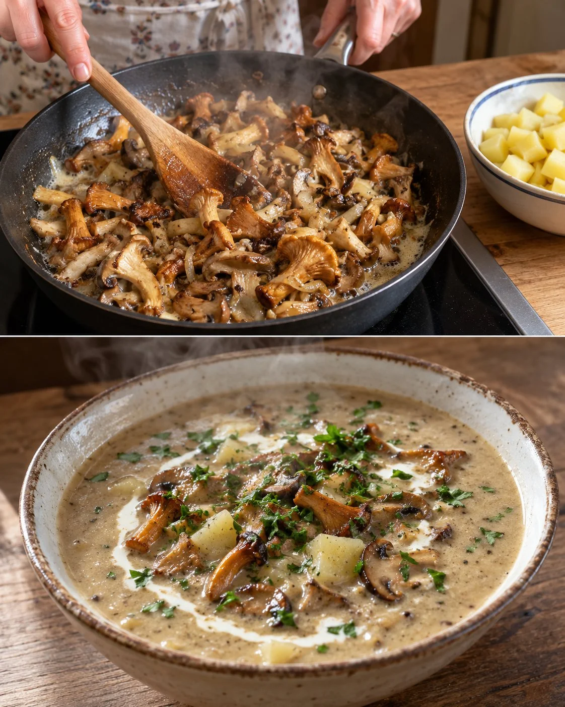 Schwammerlrahmsuppe mit Erdäpfeln, eine cremige Pilzsuppe mit Kartoffeln