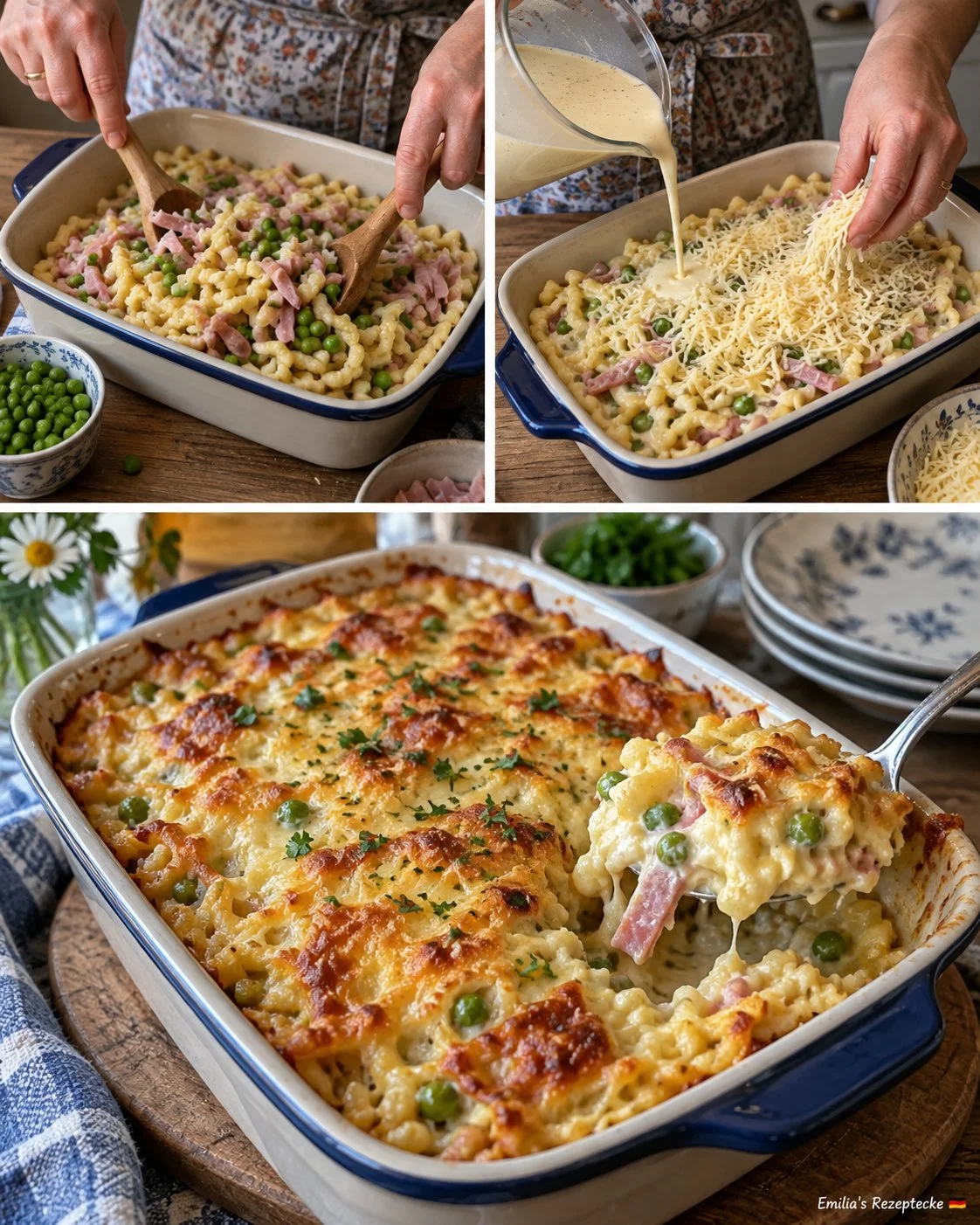 Spätzle-Schinken-Gratin mit Erbsen, herzhaftes Rezept für eine leckere Mahlzeit.