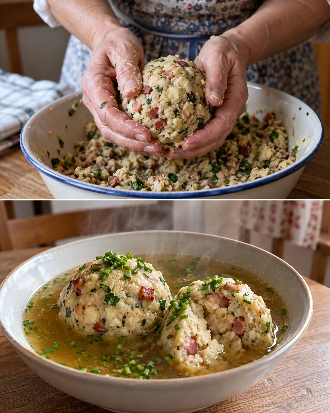 Speckknödel in kräftiger Rindsuppe serviert in einer Schüssel