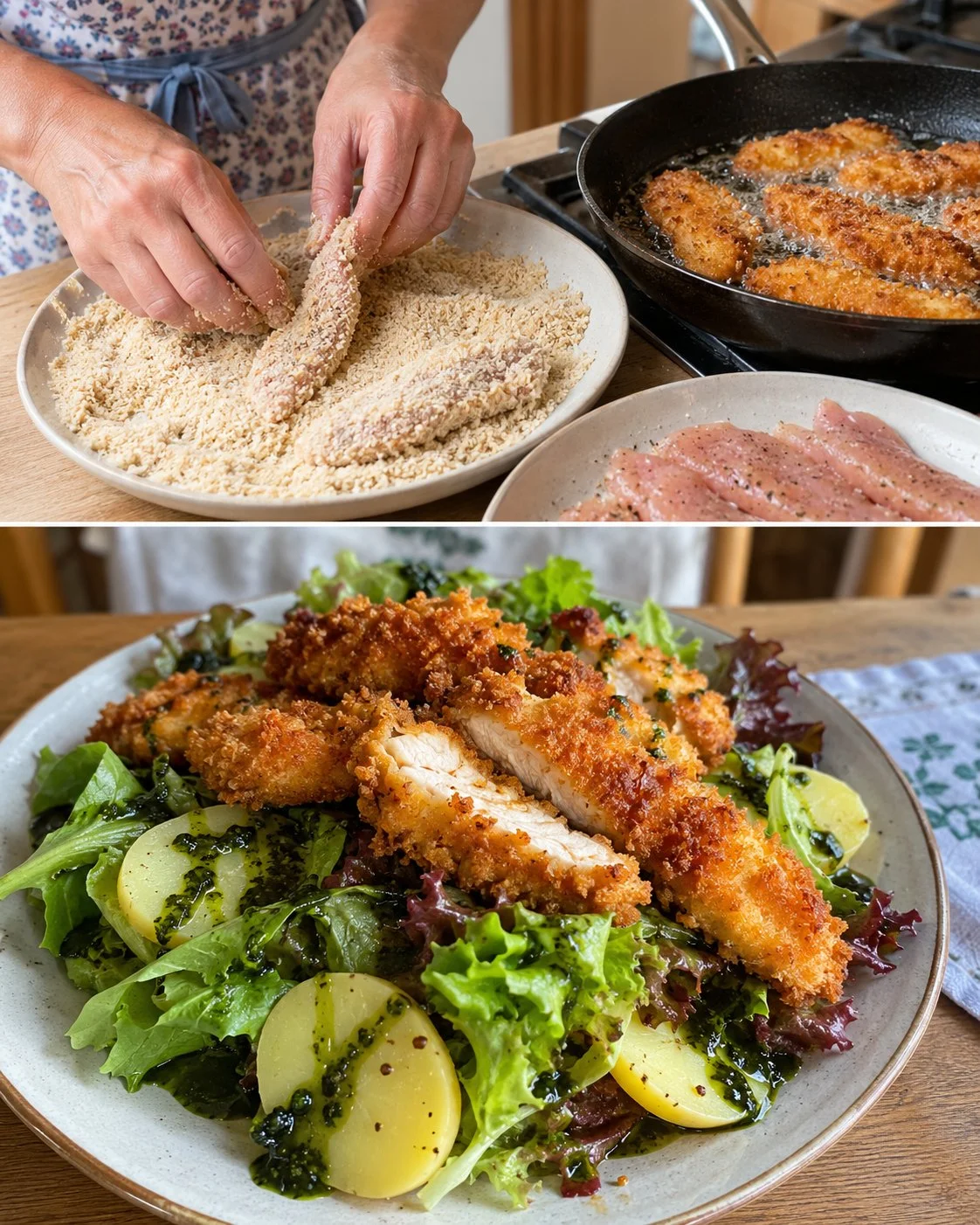 Steirischer Backhendlsalat mit Kernöl auf einem Teller angerichtet