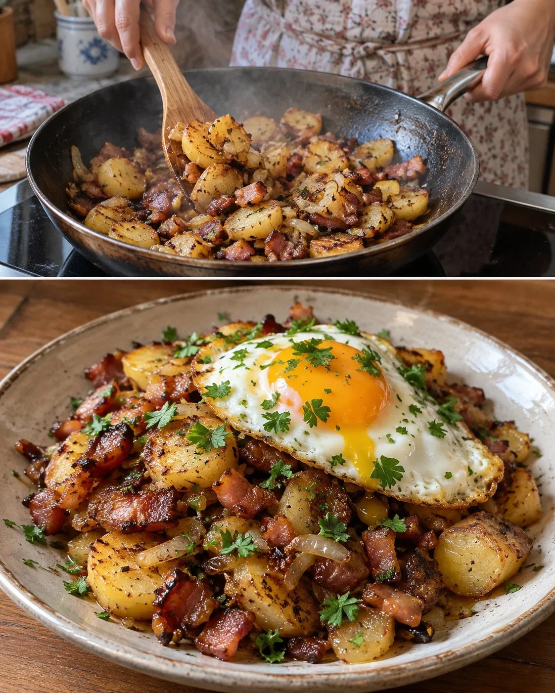 Tiroler Gröstl mit Speck und Spiegelei auf einem Teller serviert.