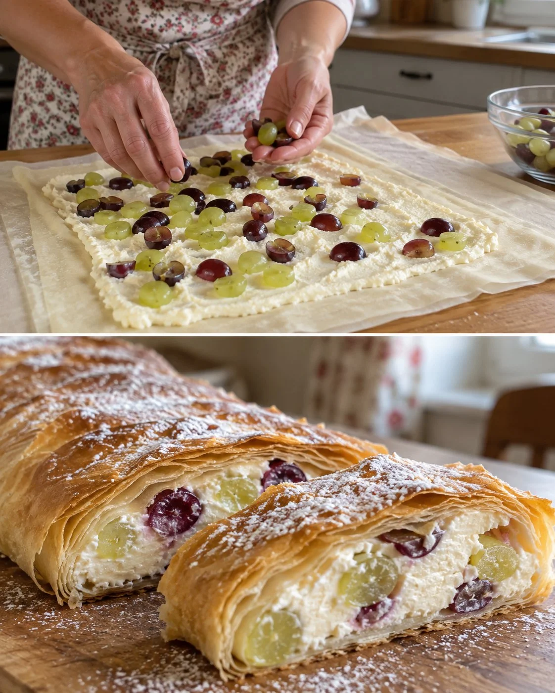 Leckerer Trauben-Topfenstrudel mit frischen Trauben und cremigem Quark.