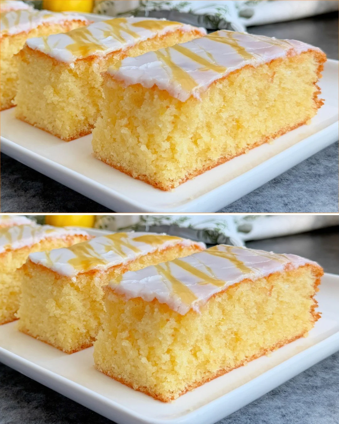 Weicher Zitronenkuchen, der auf der Zunge zergeht, mit Zitronenscheiben dekoriert.