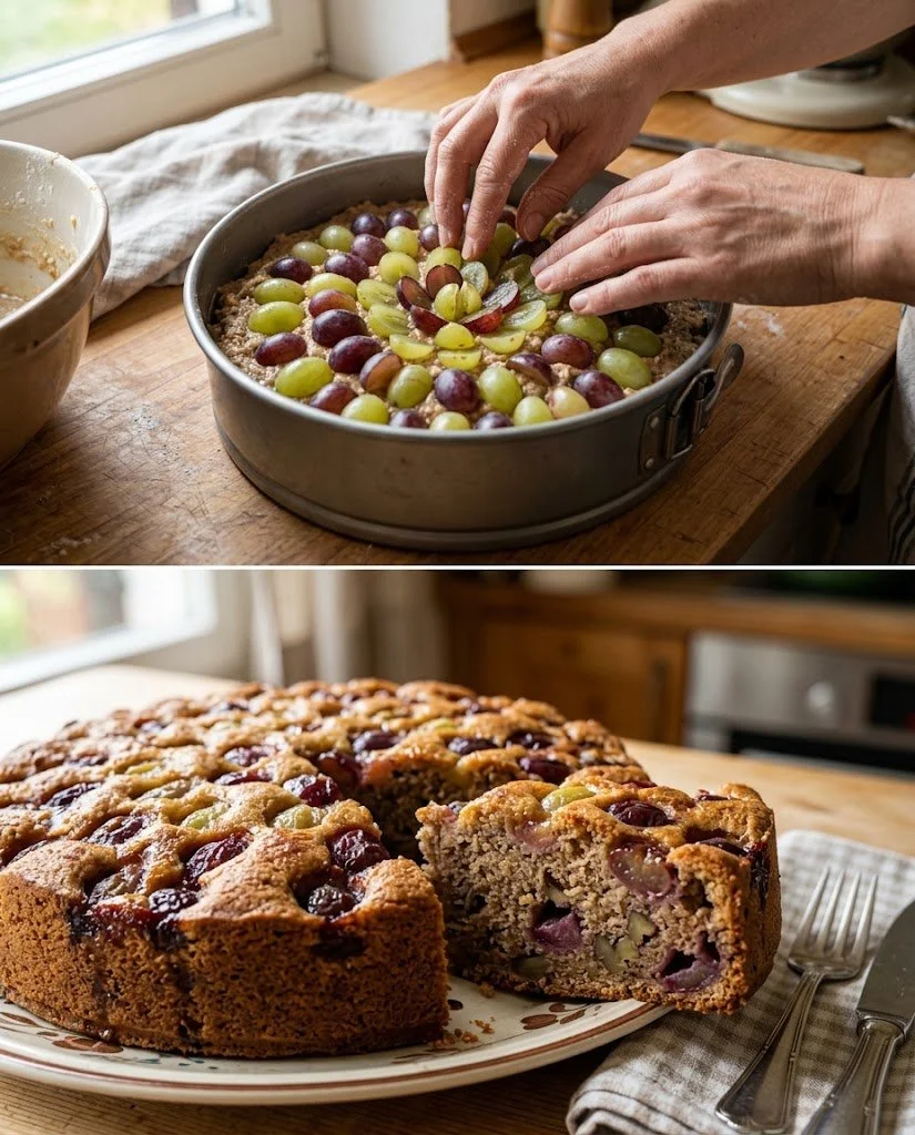 Ein köstlicher Weintrauben-Nuss-Kuchen, frisch gebacken und serviert.