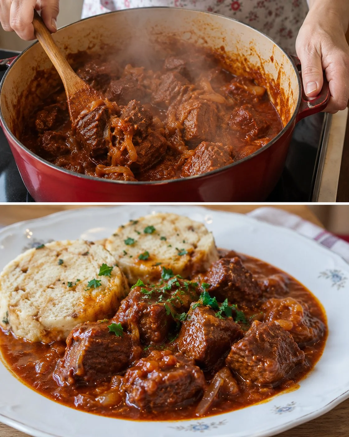 Wiener Saftgulasch mit Semmelknödel auf einem eleganten Teller serviert.