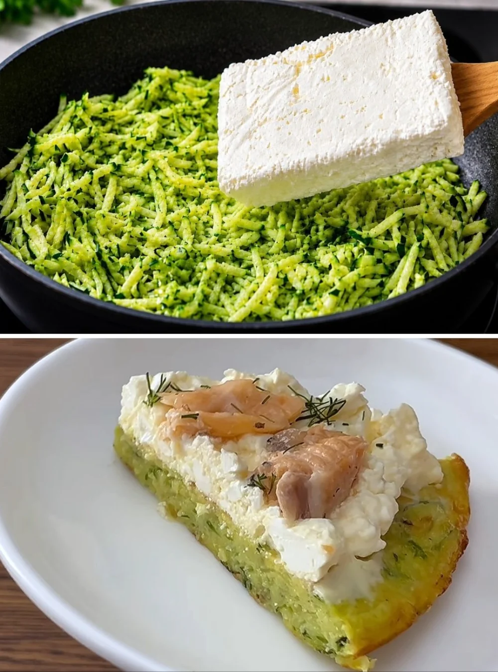 Proteinreiches Frühstück mit Zucchini und Hüttenkäse aus der Pfanne