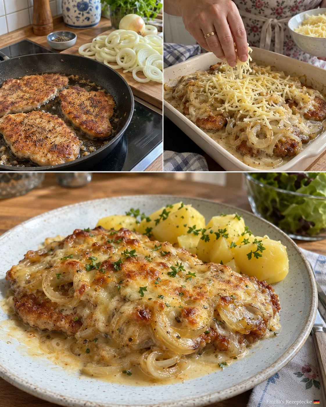 Zwiebelschnitzel aus dem Ofen mit knuspriger Zwiebelkruste auf einem Teller