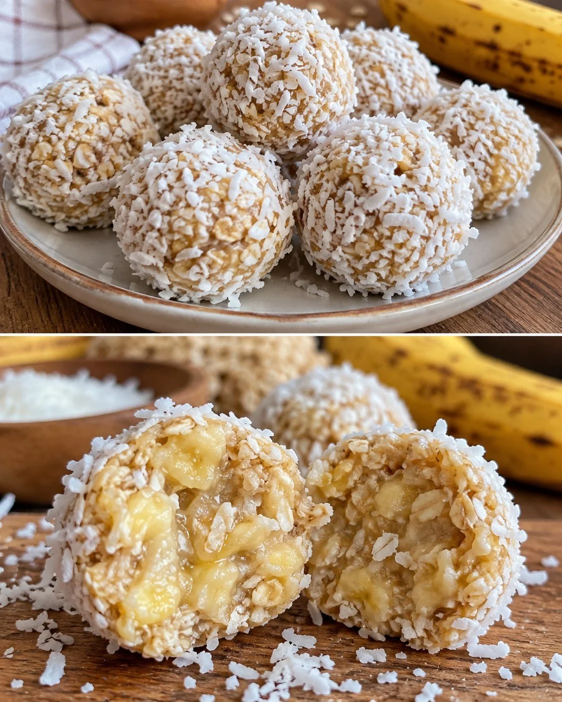 Gesunde 3-Zutaten-Kokos-Bananen-Bällchen auf einem Teller