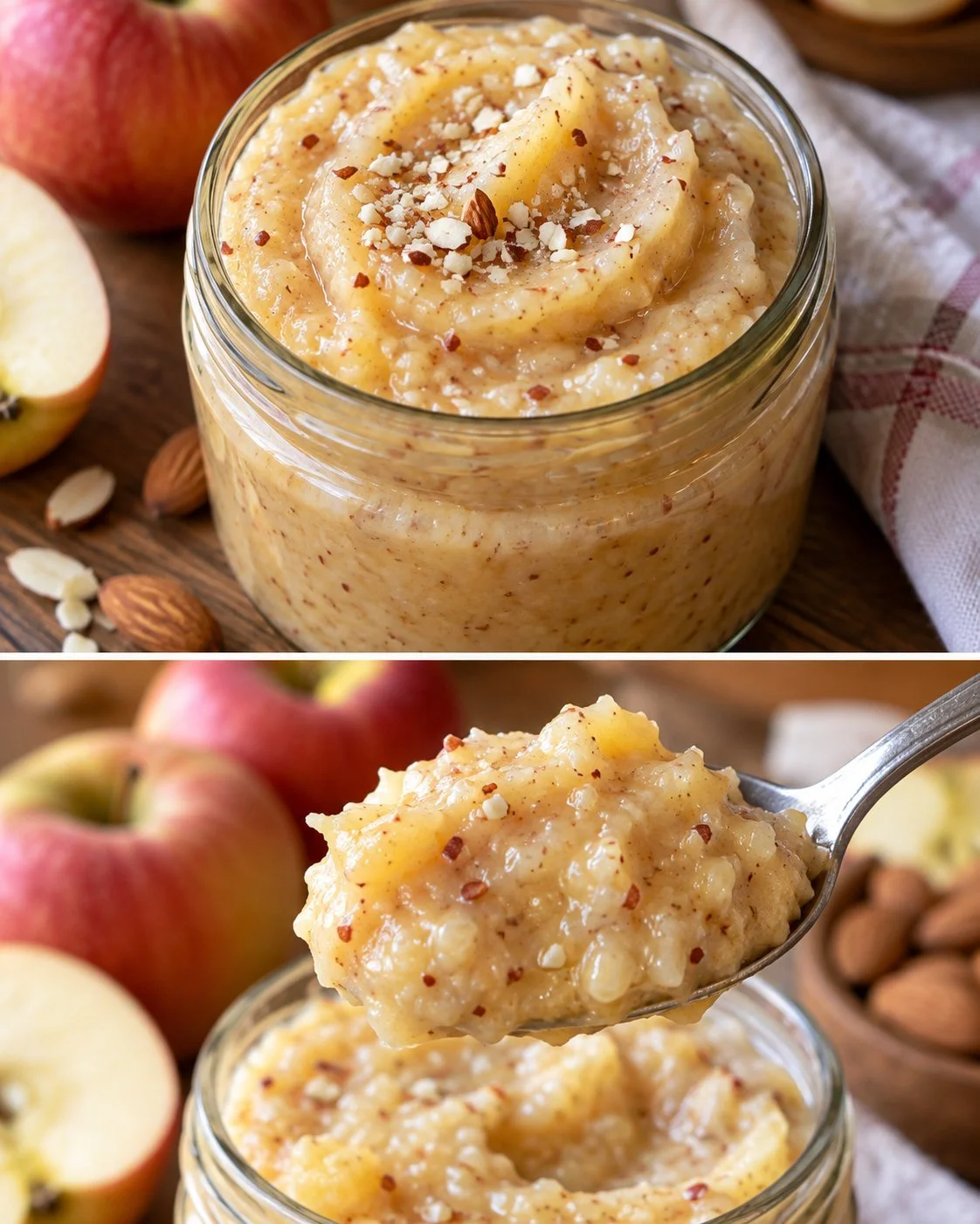Apfel-Mandel-Creme Dessert in einer Schüssel mit frischen Äpfeln und Mandeln