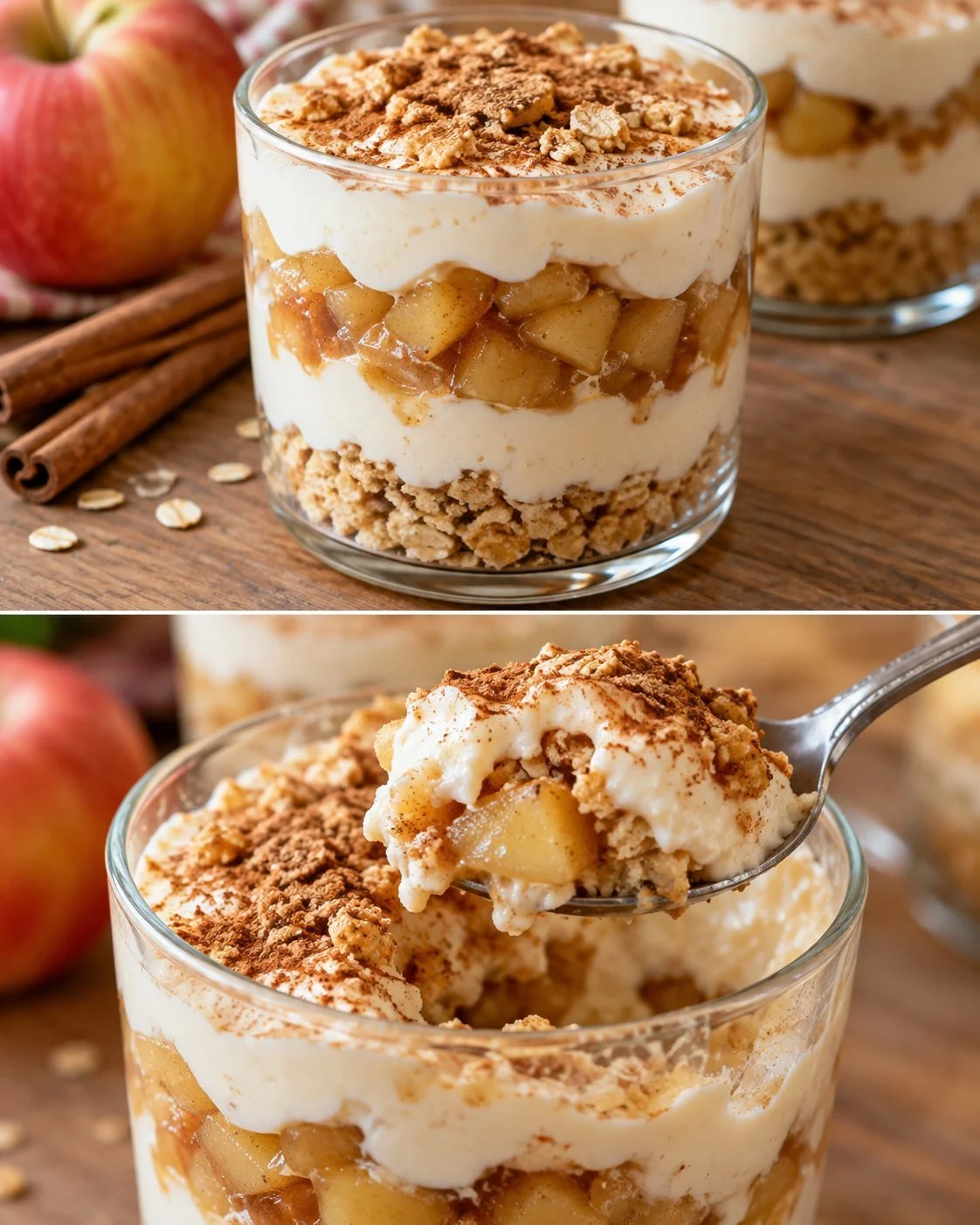 Zuckfreies Apfel-Tiramisu im Glas mit frischen Äpfeln und Sahne.