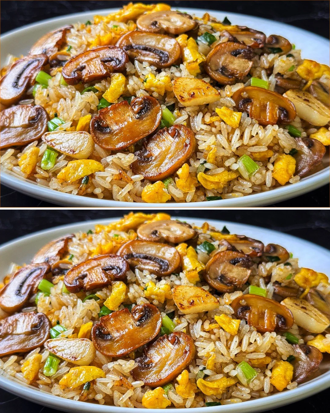 Ein einfaches gebratenes Reisgericht mit Pilzen für ein schnelles Abendessen.