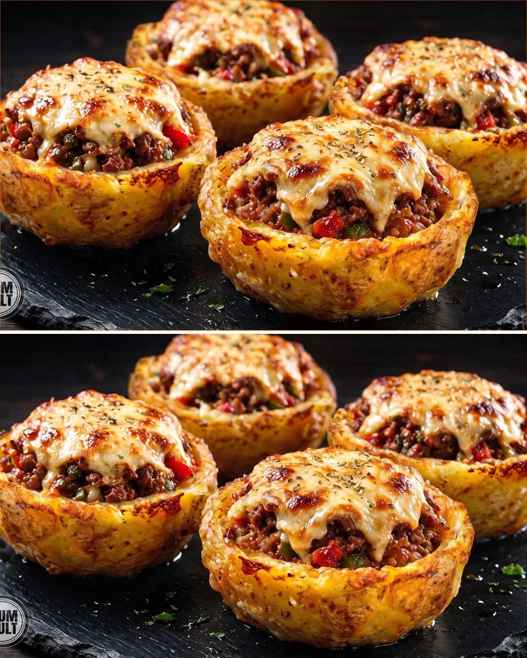 Cremige Druckkartoffeln Becher mit Rindfleisch und Käse überbacken