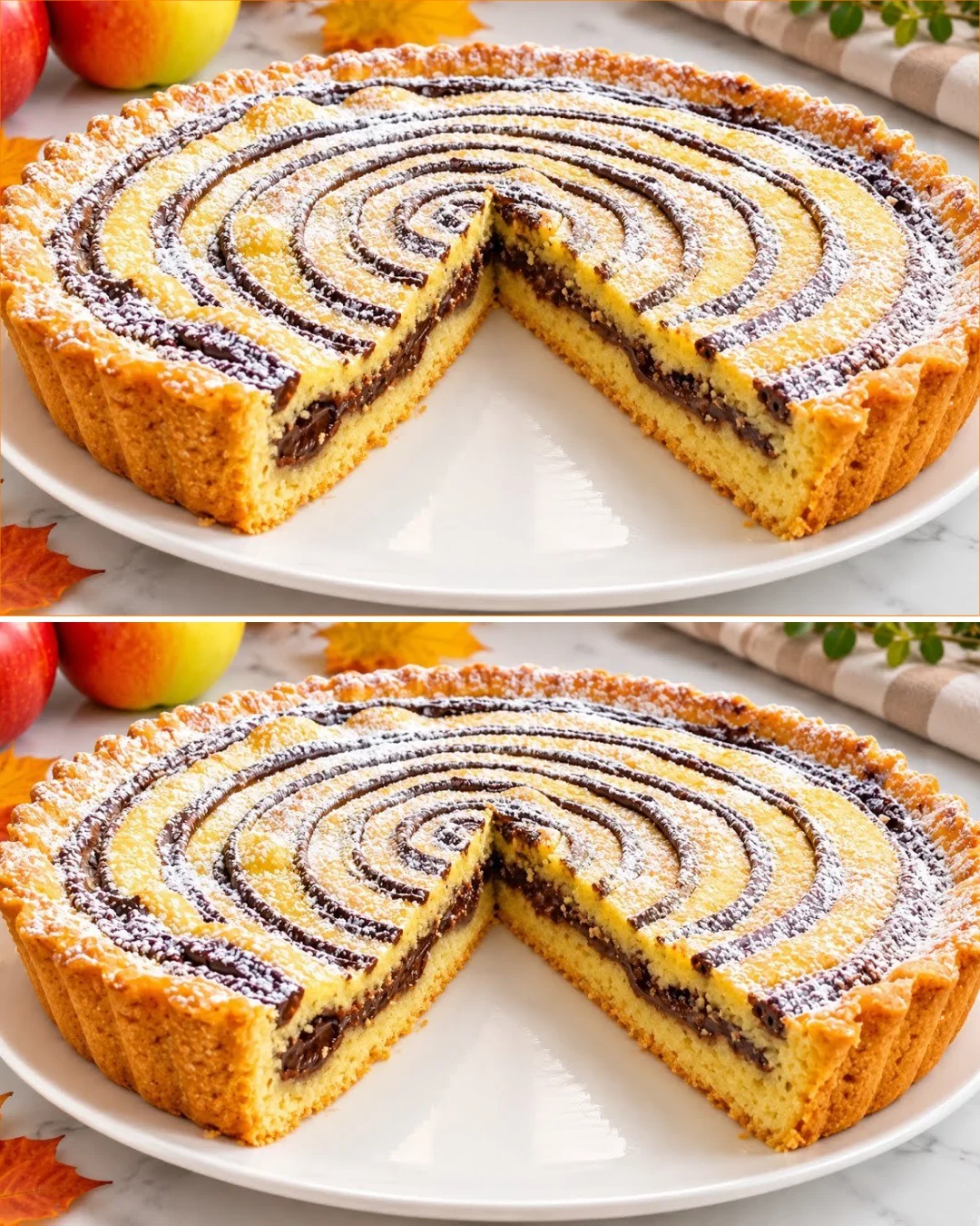 Herbsttorte mit buntem Belag und dekorativen herbstlichen Zutaten.