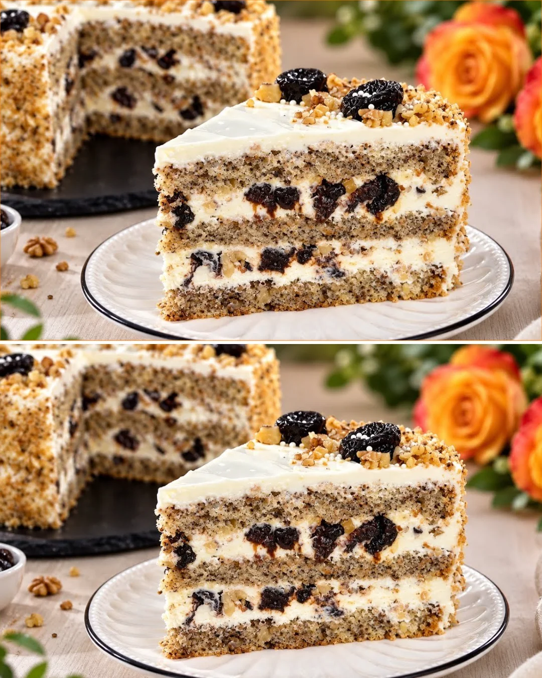 Sahniger Polnischer Walnusskuchen (Tort Orzechowy) mit Walnüssen dekoriert.