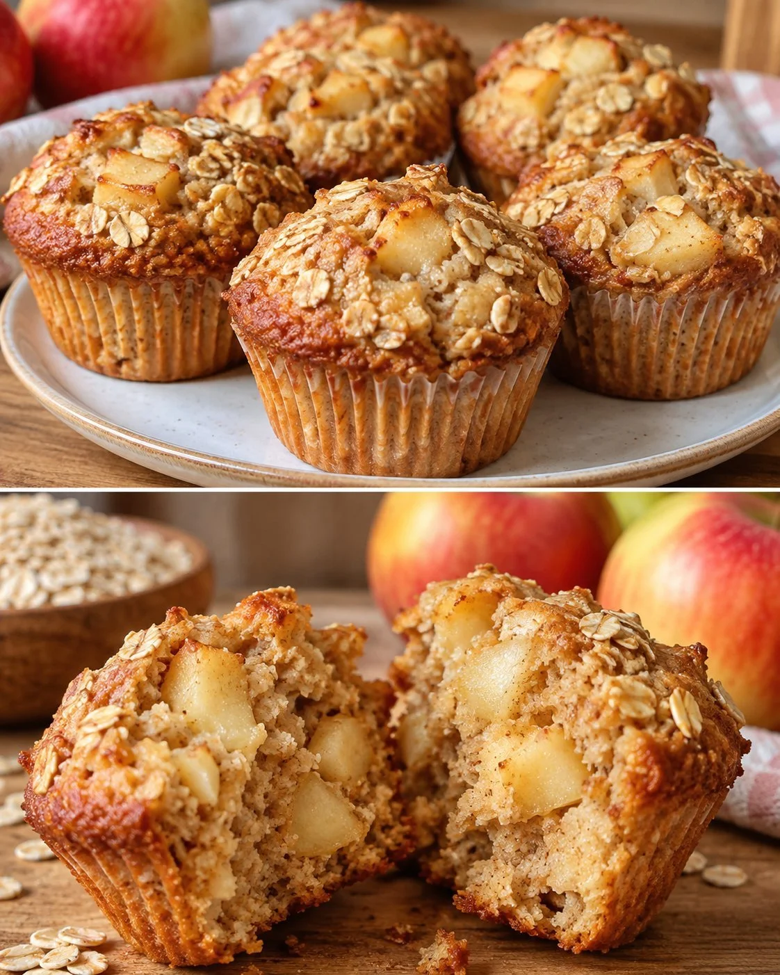 Saftige Hafer-Apfel-Muffins ohne Zucker, frisch gebacken in einer Bäckerei.