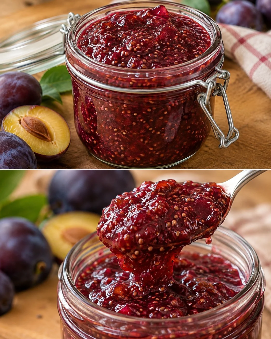 Schneller Pflaumen-Chia-Aufstrich ohne Gelierzucker auf frischem Brot